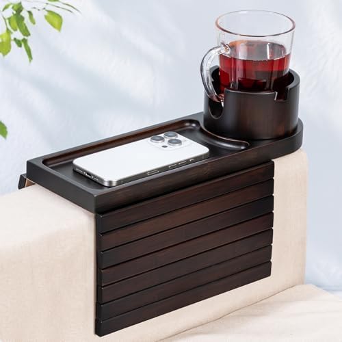 Couch Cup Holder for Armrests Over 4.9" Wide with 360° Phone Stand Walnut by Tomlyop