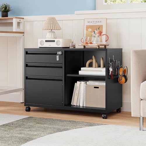 MIIIKO 3 Drawer File Cabinet with Lock, Metal Lateral Rolling Printer Stand Office Storage Filing Cabinets for Home Office,A4, Letter,File Folders(Black) - Image 2