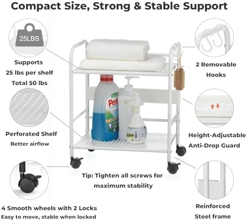 2-Tier Metal Rolling Cart, Compact Under Desk Storage Organizer - Image 6
