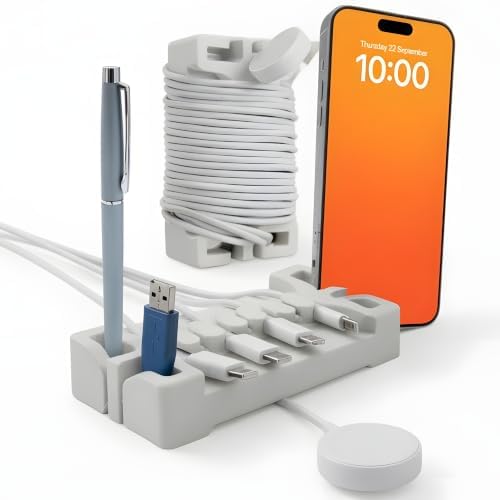 DeskBrick 2PK Silicone + Steel-Weighted Cord Holders for Desks. Weighted Cord Organizers & Cable Management for Desktops. Useful Phone Accessories & Cable Holders for Offices. No Adhesive. Light Gray by CordBrick