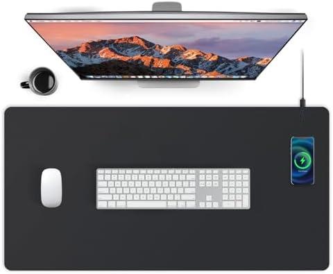 Mouse Pad with Wireless Charging, PU Leather Fast Charging Gaming Mouse Pad, Waterproof Anti-Slip Surface, Easy Clean Office Table Mat, 32L x 16W x 0.15H inches, Black(Right Side Charging Port) by Qidngknd