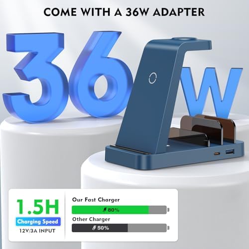 Wireless Charger for iPhone - 5 in 1 Charging Station for Multiple Devices Apple: Fast Wireless Charging Stand Dock for iPhone 17 16e 16 15 14 13 12 Pro Max Apple Watch Airpods(Blue) - Image 4