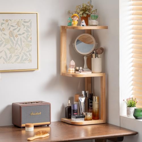 Corner Shelf Stand Desk Organizer,26.8" H Rubberwood Brown Rack for Small Spaces, Bedroom,Home Office,Kitchen,Bathroom (Natural, 3 Tier) - Image 4