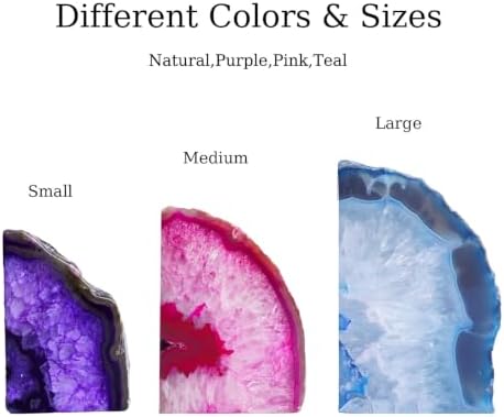 Natural Purple Dyed Agate Geode Bookends - 3 to 4 lb Heavy Duty Rock Crystal Stone Book Ends for Shelves, with Rubber Bumpers, Decorative Book Holders for Home Office - Image 6