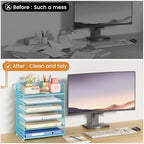 Subekyu 6 Tier Office File Paper Desk Tray Organizer with Handle, Stackable Slide Mesh Letter Tray Folder Blue Desk Organizer, Desktop Document Sorter for Classroom, Office, Home Supplies Storage - Image 2