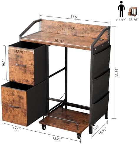 Printer Stand with Fabric Drawers, Lateral Office Filing Cabinets with Power outlets & USB Charging Port, File Cabinet with Large Printer Stands for Home Office, Shredder Stand (Rustic Brown) - Image 3