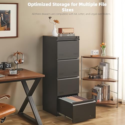 Guizeeopo Metal File Cabinet with Lock, Vertical 4 Drawer File Cabinets for Home Office, Heavy Duty Office Storage Cabinet for A4/Letter/Legal Size, Assembly Required(Black) - Image 3