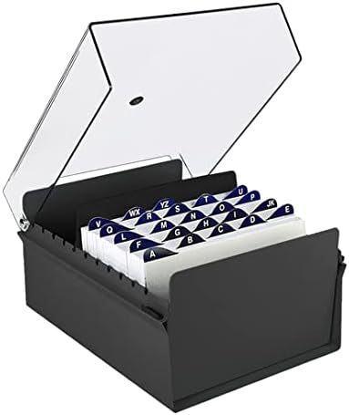 Acrimet 5 X 8 Card File Holder Organizer Box Metal Base Heavy Duty (AZ Index Cards and Divider Included) (Black Color with Clear Crystal Plastic Lid Cover) by Organizingyourlife