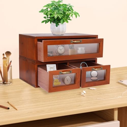 Xuthusman Wooden Desktop Display Cabinet,3-Drawer Vintage Desktop Organizing Cabinet Desktop Storage Box with Acrylic Clear Doors Stackable Tabletop Organizer for Office Dresser (Brown) - Image 2