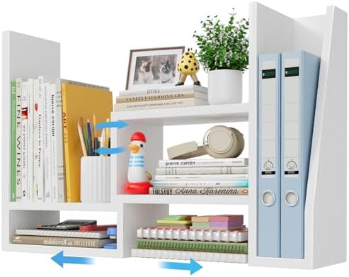 Desktop File Organizer Desk Organizer Shelf - White Office Organization Shelves for Top of Desk Organizers and Accessories Corner Bookshelf Table Top Shelving Small Hutch Decorations for Women Office by NUTIKAS