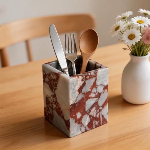 Natural Marble Stone Square Storage Container Empty Vessel Holder Cup for Candle/Pens/Sundries Items (Calacatta Red) - Image 5