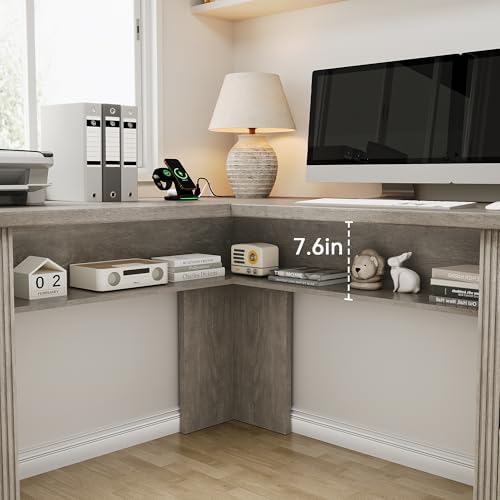 Jocoevol Farmhouse L Shaped Executive Desk with 4 Drawers and Charging Station, Wood Corner Home Office Computer Desk with File Cabinet Storage, Hidden Under Desk Storage Shelf, Headphone Hook - Grey - Image 5