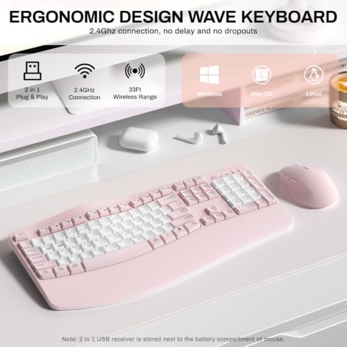 Wireless Keyboard and Mouse Combo,2.4G Ergonomic Wave Keys(Pink & White-B) - Image 2
