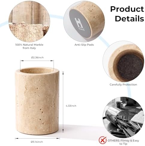 Travertine Stone Pen Holder for Desk, Handcrafted Volakas Sturdy Desk Organizer for Office Supplies Storage Desktop Stationary Makeup Brushes Cup Pencil Holders for Home Beige (WH101) - Image 2