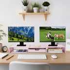 LEKETREE Dual Monitor Stand Riser with Drawer, Desk Organizer and Accessories, Pink Monitor Stand for Desk, Desktop Stand for Computer, Laptop, TV and More (Pink) - Image 3