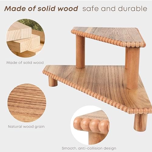 2-Tier Rustic Corner Shelf for Kitchen Counter,Wood Beaded Farmhouse Countertop Organizer with Removable Feet, Stackable Bathroom Vanity & Coffee Bar Decorative Riser Stand(Rustic Brown) - Image 4
