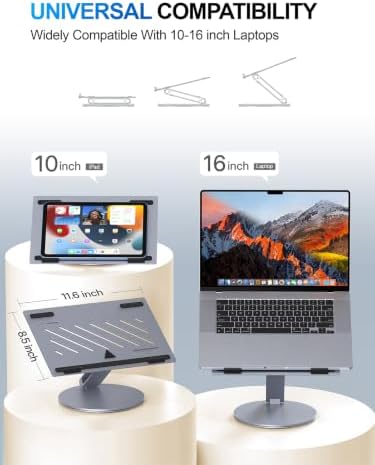YICOSUN Laptop Stand for Desk, 360° Rotating Height Adjustable Computer Stand, Ergonomic Aluminum Laptop Riser with Ventilated Cooling, Foldable for 10-16 inch MacBook Pro Air Neo Dell HP - Gray - Image 2
