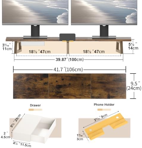 TEAMIX 42 inch Dual Monitor Stand with Storage Drawer & Phone Holder, Brown - Image 4