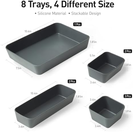 ISSEVE 8Pcs Silicone Drawer Organizer Trays for Bathroom, 4 Sizes, Black - Image 2