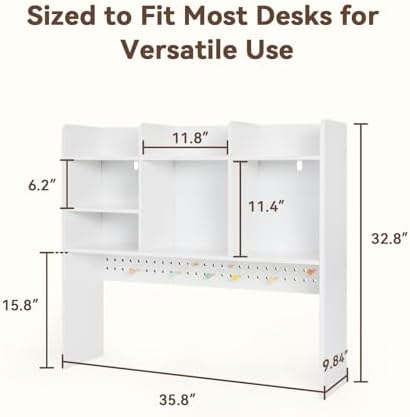 Dorm Desk Hutch with Pegboard, White Desktop Bookshelf - Image 2