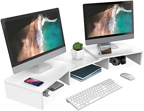 FITUEYES Dual Monitor Stand Riser, Adjustable Length and Angle, White by FITUEYES