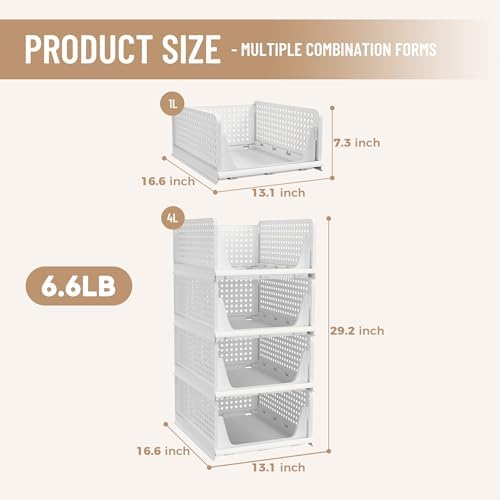 Pinkpum Stackable Plastic Storage Basket, Foldable Closet Organizers, Drawer Shelf Storage Container/Bins for Wardrobe Kitchen Bathroom Office Dorm, White, 4 Packs - Image 3