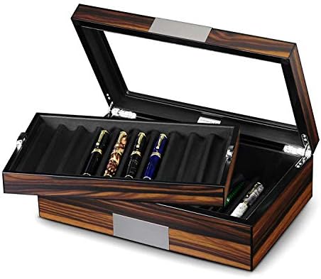 Pen Display Case - Ebony Wood Storage Box with Glass Window, Holds 20 Fountain Pens, Luxury Pen Organizer for Collectors by Lifomenz+Co