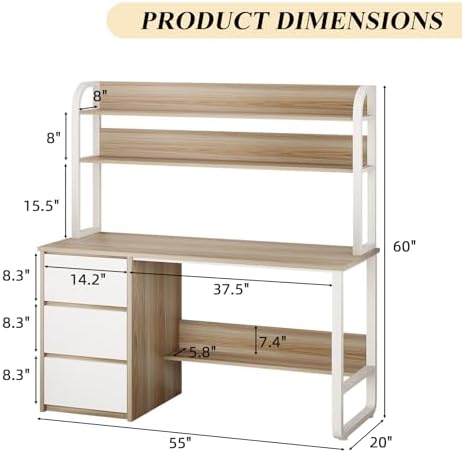 MaverickFurni 55 Inch Computer Desk with Hutch and 3 Drawers, Natural Oak - Image 2