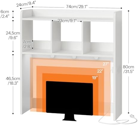 HOOBRO Desktop Bookshelf, Office Desktop Shelf, Desk Hutch with Outlets, Wooden Office Desktop Bookcase, Desktop Organizer Shelf with LED Light Strip and 3 Hooks, for Home, Study, White WT12UDSJ01 - Image 3