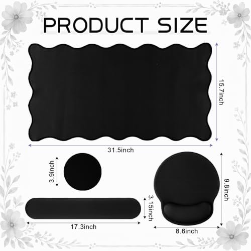 Sabary Scalloped Desk Mat Keyboard Mouse Pad Set Black 31.5 x 15.7 Inch - Image 2
