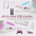 RGB Headphone Stand and Controller Holder With 9 Light Modes - 2 USB Charging Ports, 3.5mm & Type-C - Hanger Accessories for Desk and Gamer (White) - Image 3
