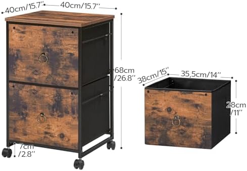 HOOBRO 2 Drawer Mobile File Cabinet, Rolling Printer Stand, Vertical Office Filing Cabinet for Home Office, A4/Letter Size, Nonwovens Drawer, Rustic Brown BF20WJ01 - Image 3