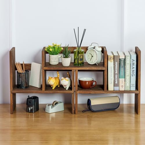 MyGift Adjustable Rustic Burnt Wood Desktop Shelf, Stackable Organizer - Image 2
