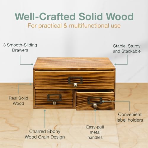 3-Drawer Charred Ebony Wood Desktop Cabinet - Classic Brown Desktop Chest Drawer Unit - Vintage Solid Wood Storage Drawers for Table - Office Study Table Organizer Cabinet - Card Catalog Drawers… - Image 4