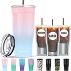 Universal Iced Coffee Sleeve - Upgraded Double Wall Reusable Stainless Steel Holder Sleeves Insulator for Cold Drinks Fits Starbucks Dunkin Donuts McDonalds Small Medium Large Cup (Pink Blue) by NICEYOS