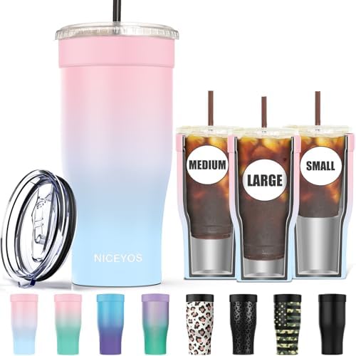 Universal Iced Coffee Sleeve - Upgraded Double Wall Reusable Stainless Steel Holder Sleeves Insulator for Cold Drinks Fits Starbucks Dunkin Donuts McDonalds Small Medium Large Cup (Pink Blue) by NICEYOS