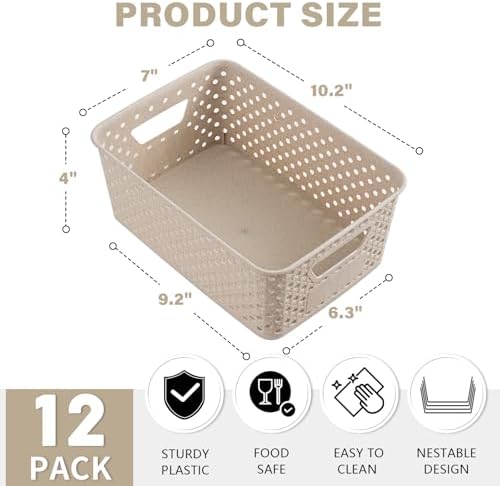 Homaigie 12 Pack Plastic Storage Baskets for Organizing, Storage Baskets for Shelves with Handles, Small Storage Bins with Labels, Classroom Storage Organization for Cabinet,Closet, Office,Natural - Image 2