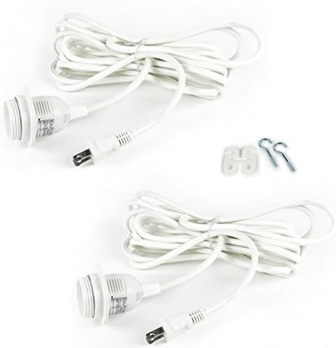 Rustic State Fabric Cord for Hanging Pendant Lamp Fixture - 15 Feet Braided Flexible Cable with E-26/ E-27 Light Bulb Socket & 2 Prong Flat Plug - Industrial Vintage DIY Projects - Set of 2 - White by RusticState