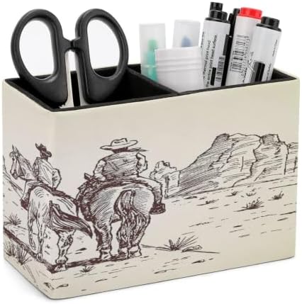 PU Leather Multi-Compartment Pen Holder Desktop Organizer Pencil Cup Storage Caddy for Office Home Supplies Hand Drawn of Two Cowboys Riding Horses in Desert by Unknown