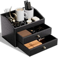 LADSTAG Office Supplies,Black Vegan Leather Office Organization with 2 Drawers & Tray,Glasses Holder with Gold-Tone Metal Accents Knob for End Tables,Bedside Table,Bedroom by LADSTAG