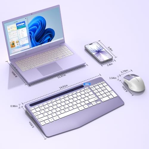 Rechargeable Silent Wireless Keyboard and Mouse Combo, Ergonomic Wrist Rest & Phone Tablet Holder, USB-C Adapter Included, 2.4G Lag-Free Cordless Set for Windows Mac Laptop PC Home Office (Purple) - Image 2
