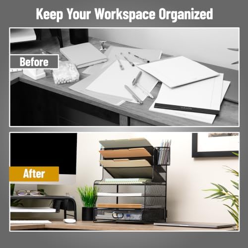 Mind Reader Mesh Desk Organizer, 6 Compartments, 1 Drawer, 2 Pen Cups, Office Desktop Organizer, Metal Mesh, Black - Image 5