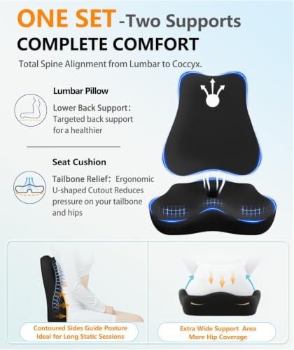 Lumbar Support Pillow & Seat Cushion for Office Chair, Memory Foam Office Chair Cushion for Tailbone Pain Relief and Lower Back Support, Ergonomic Desk Chair Cushion for Gaming,Wheelchair,Home - Image 3