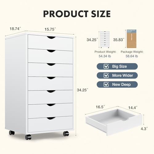 DUMOS 7 Drawer File Cabinet with Wheels, Vertical Office Storage Cabinet - Image 3
