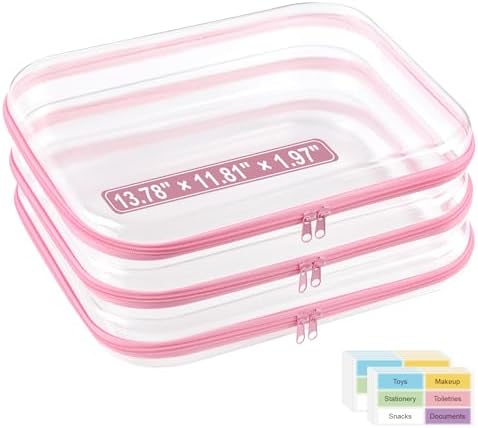 3 Pack Extra Large Clear Hard Shell Zipper Case with Labels, Pink by OrgEase