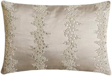 Ivory Decorative Lumbar Pillow Cover 12" x 20" | Pack of 2 Satin Oblong Cushion Cover Abstract | Pearl And Crystal Hand Embroidery Pillowcases for Bed, Couch & Sofa, Modern Home Décor - Pearl Enigma by TheHomeCentric