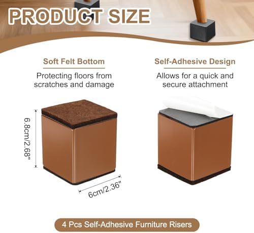 uxcell 4Pcs Self-Adhesive Furniture Risers, 2.36"x2.68" Square Heavy Duty Bed Lift Supports, Carbon Steel Table Sofa Risers with Felt Pads for Chair, Table, Sofa Legs, Leveling, Brown - Image 2