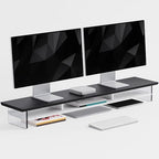 FENSULN Dual‑Tier Monitor Stand for Modern Desk Setup – Minimalist Wooden and Metal Riser Shelf with Transparent Acrylic Feet for Dual Monitors, Laptops, Home Office Aesthetic，Black and White by FENSULN