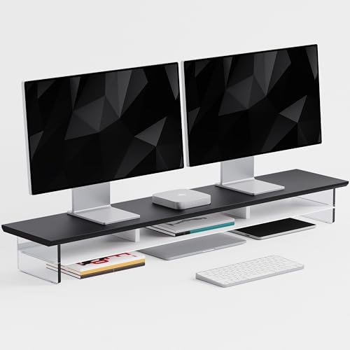 FENSULN Dual‑Tier Monitor Stand for Modern Desk Setup – Minimalist Wooden and Metal Riser Shelf with Transparent Acrylic Feet for Dual Monitors, Laptops, Home Office Aesthetic，Black and White by FENSULN