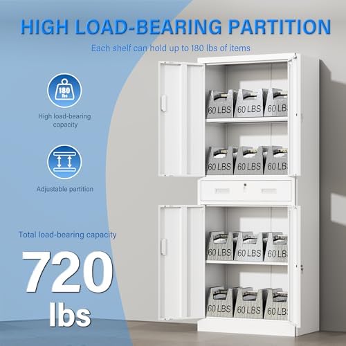 BESFUR Metal Storage Cabinet with 1 Drawer and Adjustable Shelves, 71" H Reinforced Heavy Duty Locking Storage Cabinet for Office, Garage, Home, School, Utility(White) - Image 6